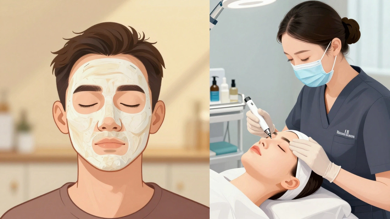 Comparison of a basic salon facial versus a comprehensive clinical facial with tools and treatments shown side by side.