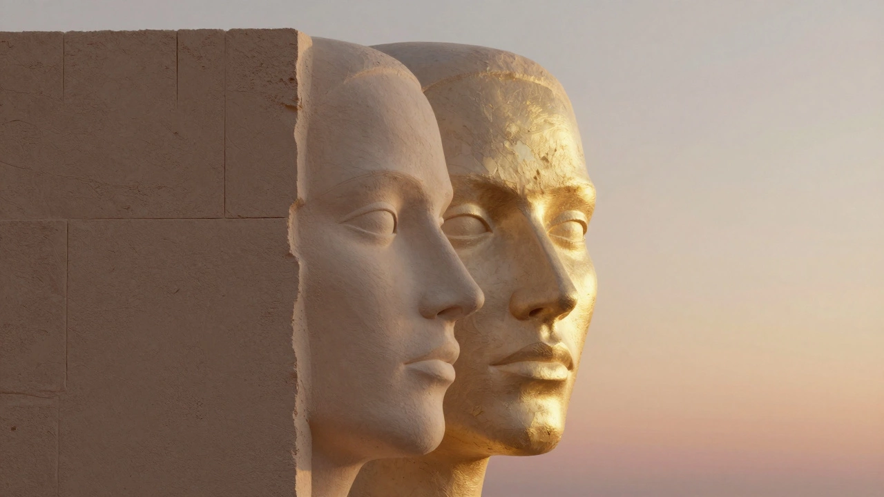 Conceptual layered skincare treatments forming a human face silhouette with golden glow