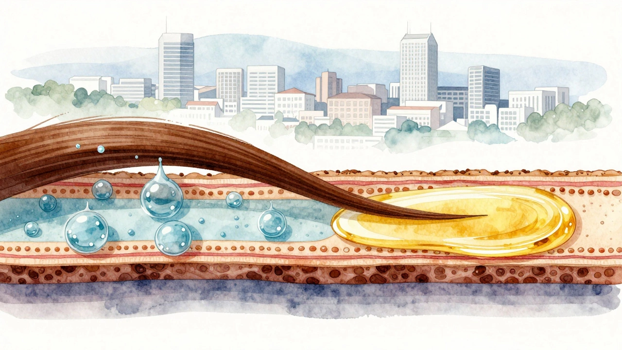 Cross-section of a hair strand showing water absorption sealed by oil, with a subtle cityscape backdrop.