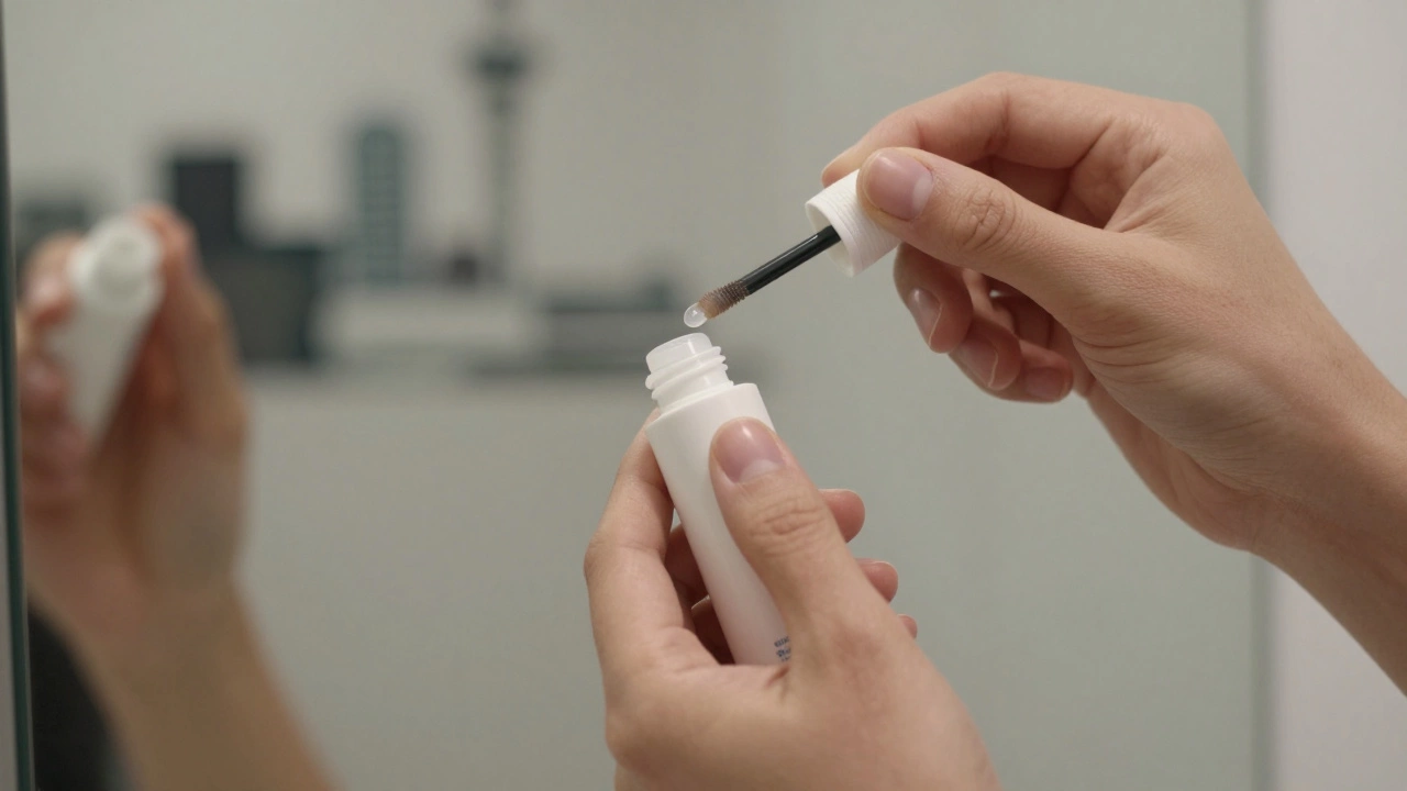 Hands applying clear brow gel and natural deodorant, with city reflections in a mirror.