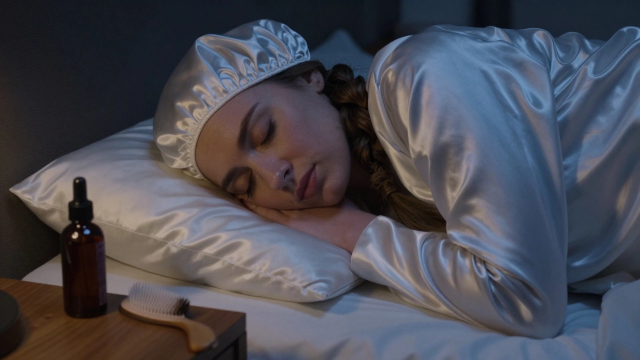 Person sleeping with hair in a pineapple braid under a satin bonnet, on a silk pillowcase.