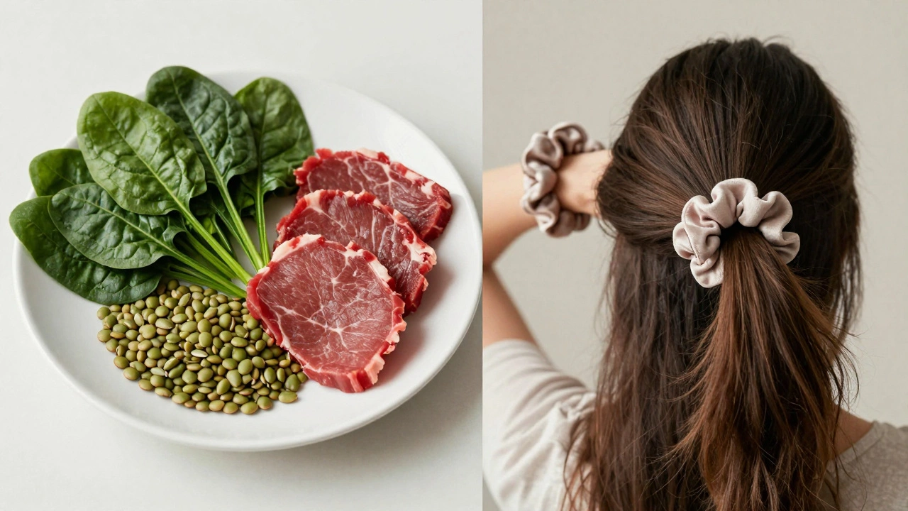 Plate of iron-rich foods beside a woman air-drying her hair with a silk scrunchie.