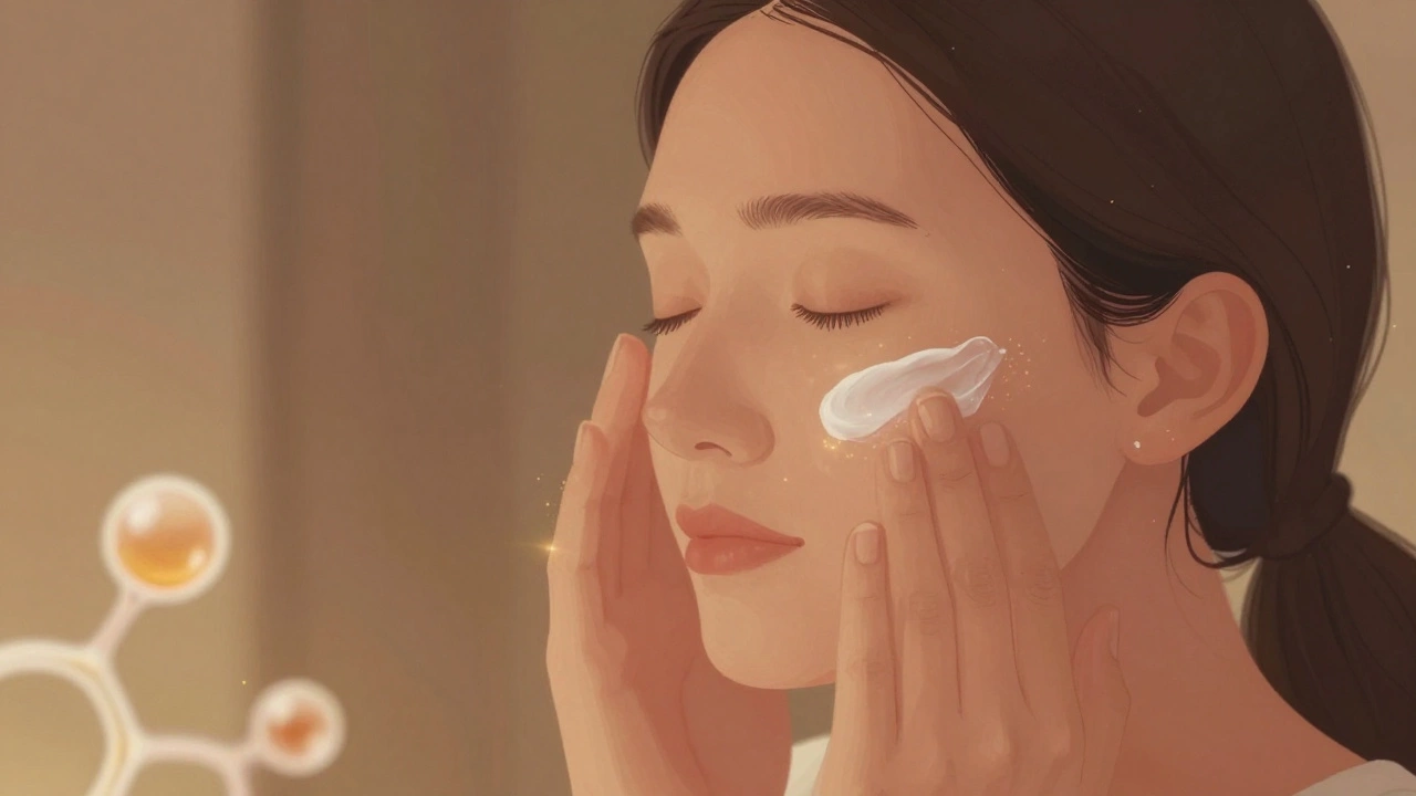 Someone applying moisturizer to their face, with glowing hydration effects and simple skincare products nearby.