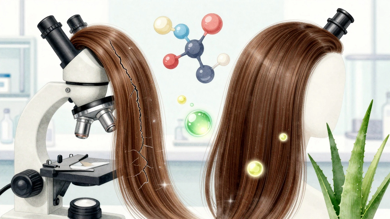 Two hair strands under a microscope: one damaged by chemicals, the other healthy and hydrated with glowing molecules.