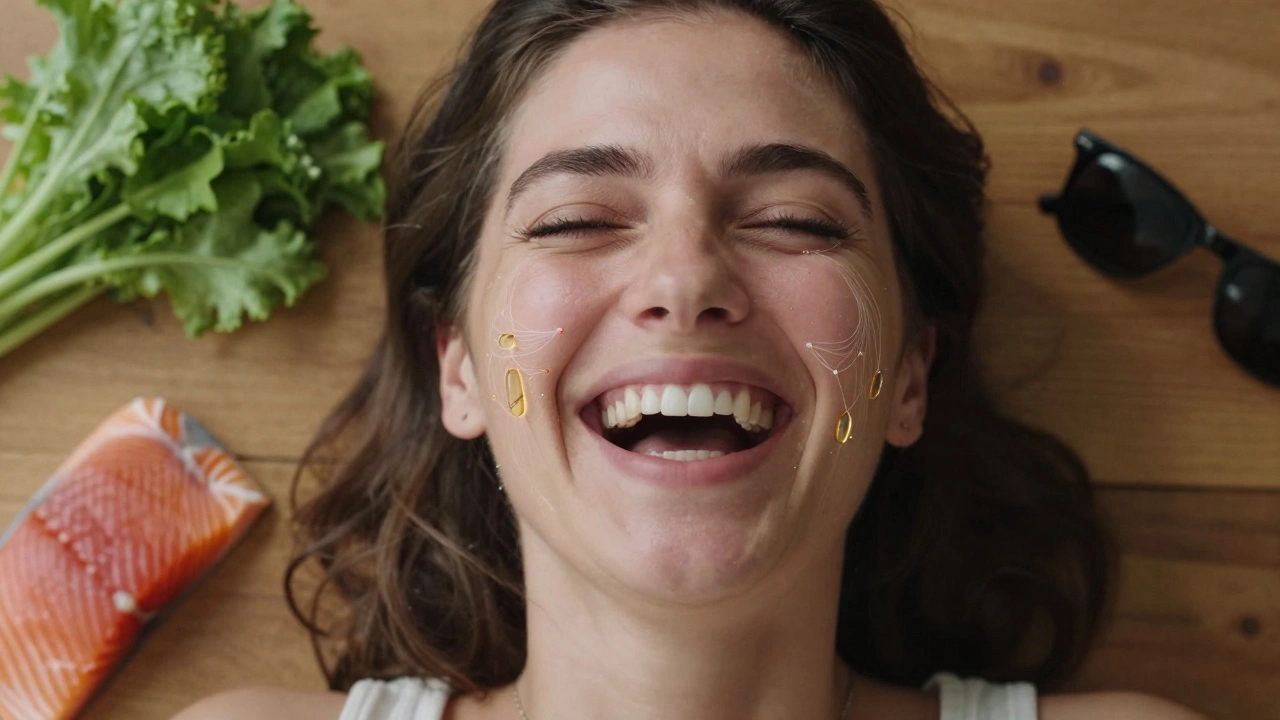 Woman laughing with natural facial muscle tone and healthy foods around her.