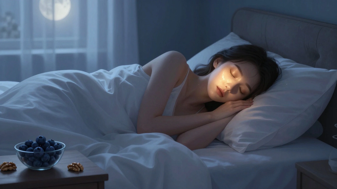 Woman sleeping peacefully in a cool bedroom with healthy snacks nearby.