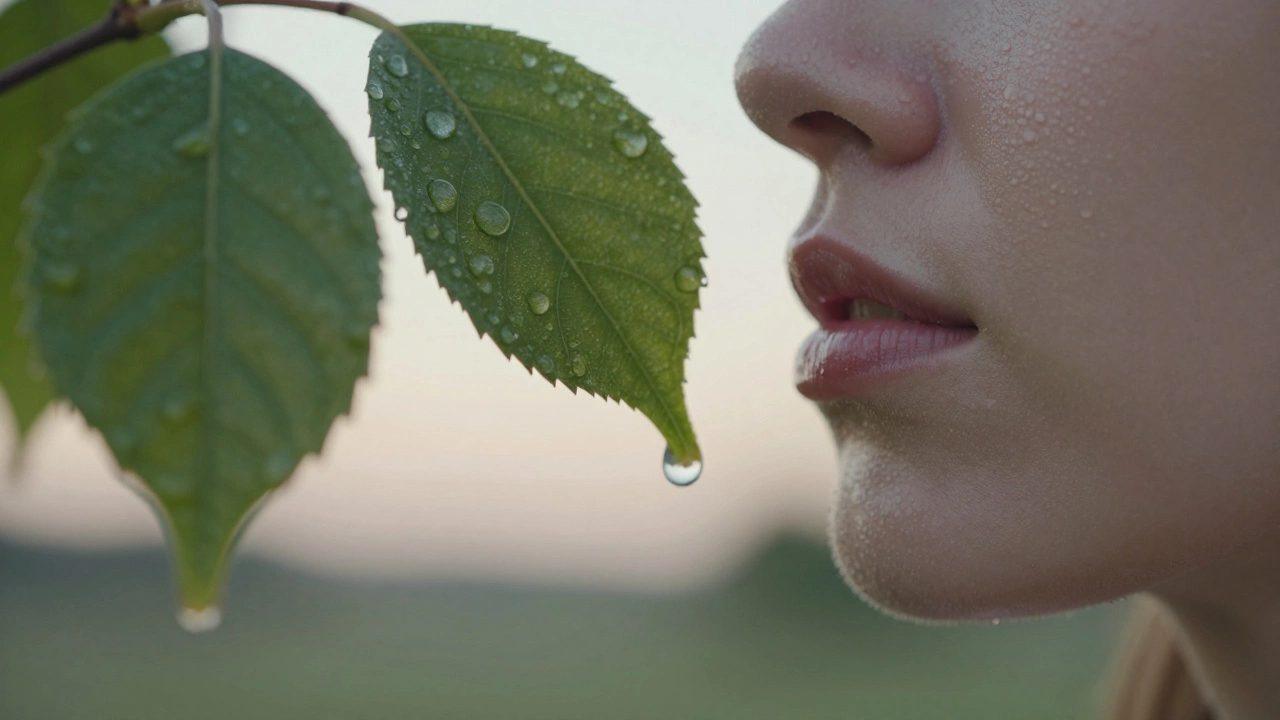 A dewy leaf mirrored by a glowing cheek, blending natural hydration with the translucent glow of healthy skin.