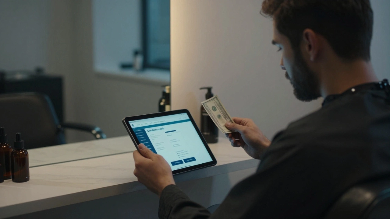 A hairstylist holds cash while looking at a declined card transaction on a tablet.