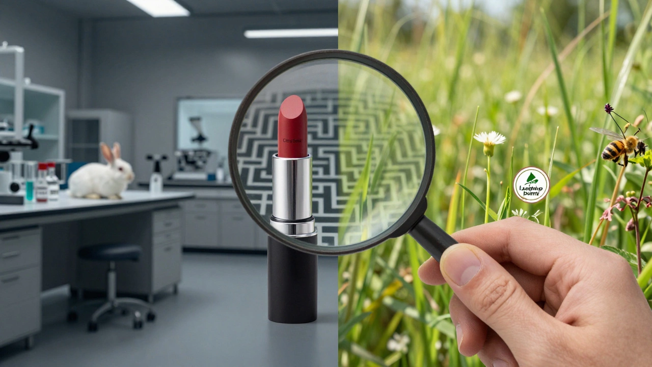 A hand using a magnifying glass to reveal ethical vs. unethical testing paths in a lip balm.