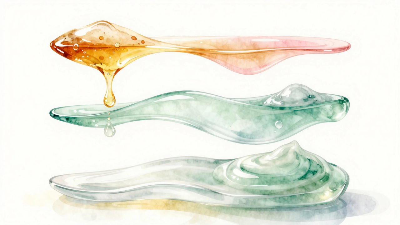 A layered skincare routine visualized as flowing watercolor layers in translucent glass tones, symbolizing hydration and renewal.