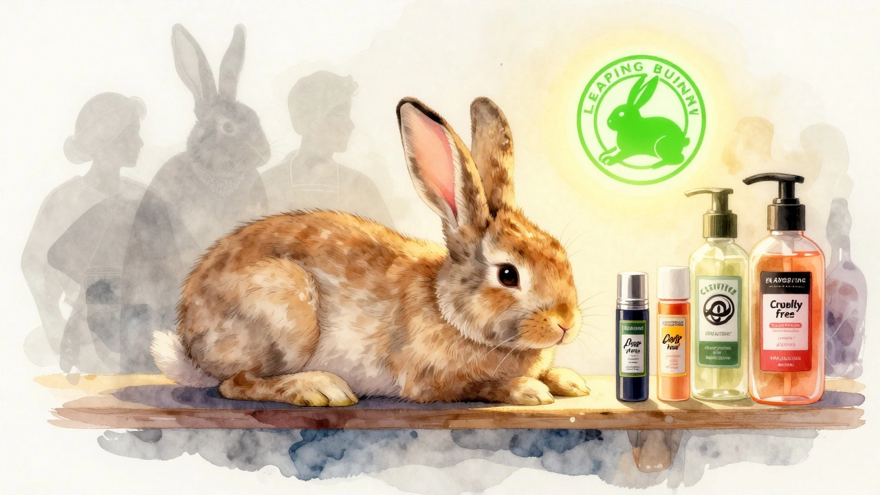 A rabbit beside certified cruelty-free lip balms, with fading unethical brands in shadows.
