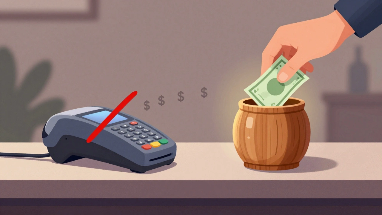 A salon counter showing cash in a tip jar beside a card reader with a red slash symbol.