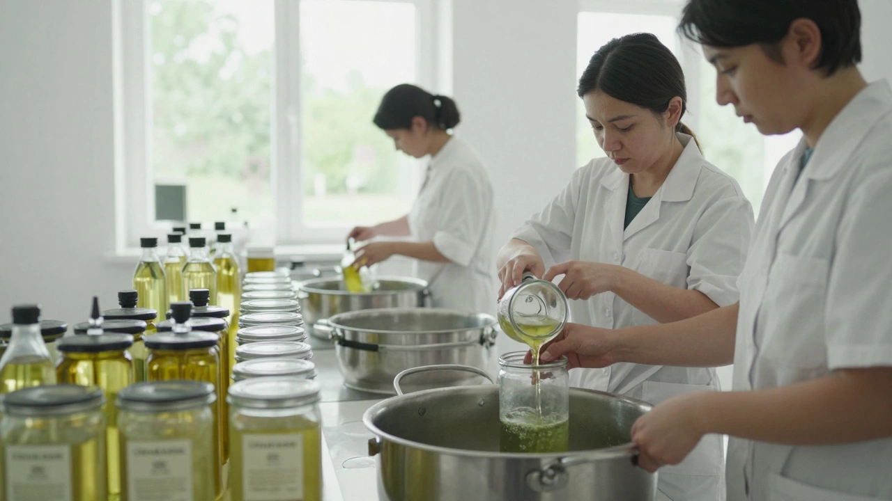 Artisans hand-mixing skincare in a quiet, sunlit facility using glass jars and stainless steel vats.