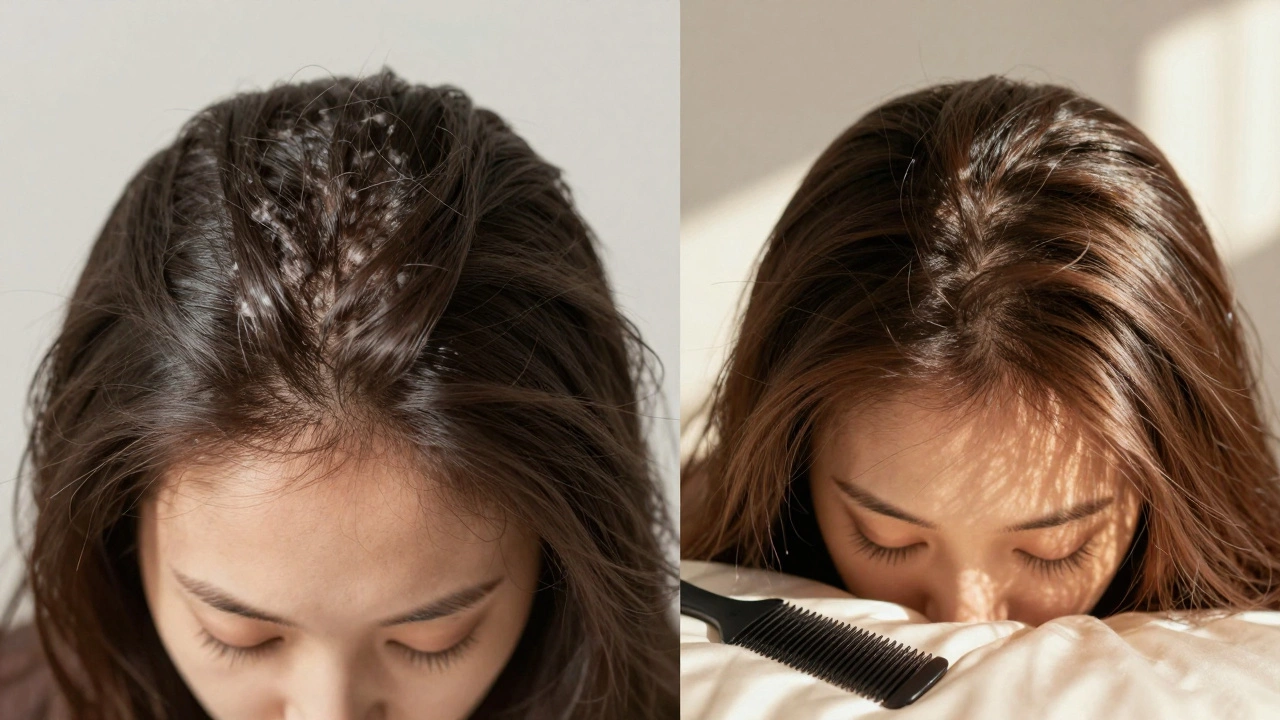 Before and after view of a scalp: clogged and thin versus healthy with new hair growth.