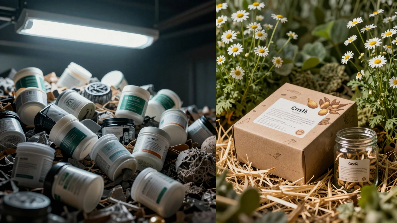 Contrast between landfill of plastic skincare packaging and compostable eco-friendly jars among blooming plants.