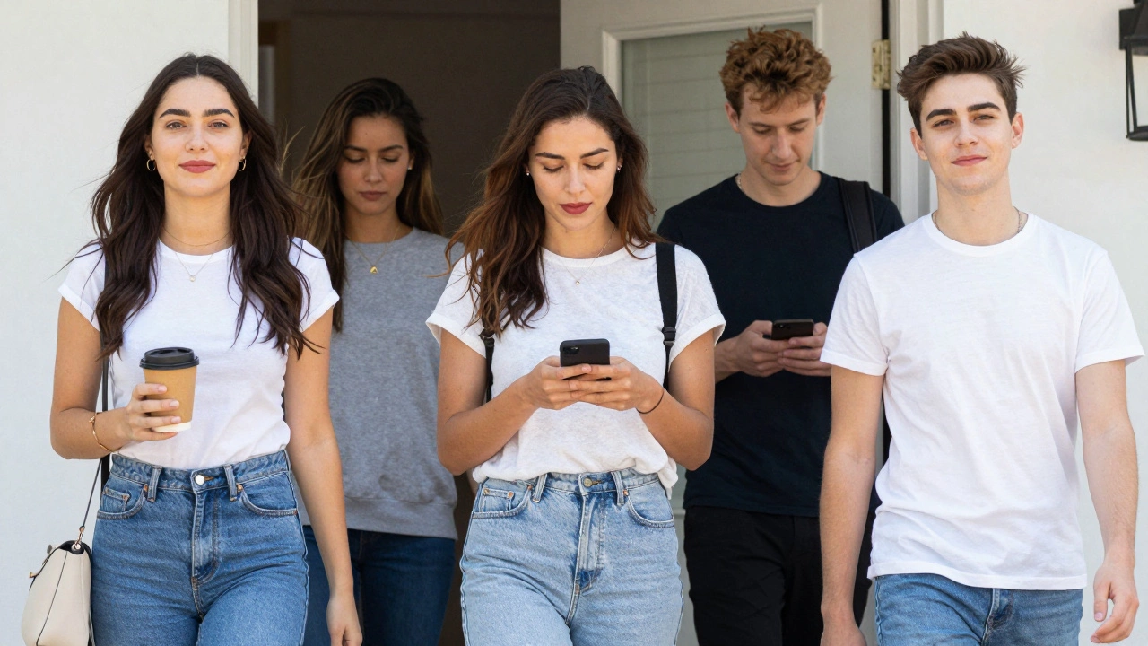 Diverse group of people walking out the door with natural, minimal makeup and morning routines.