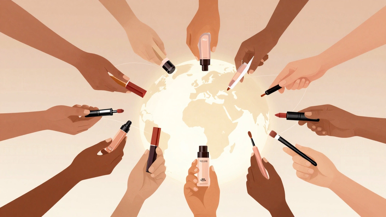 Diverse hands from around the world holding Maybelline makeup products against a subtle globe background.