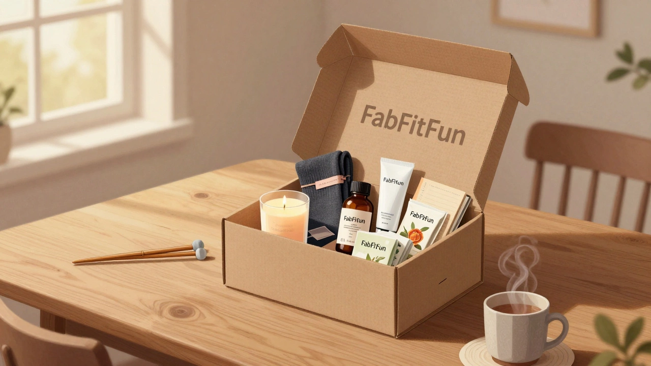 FabFitFun box with candles, journal, and wellness items on a wooden table in soft natural light.