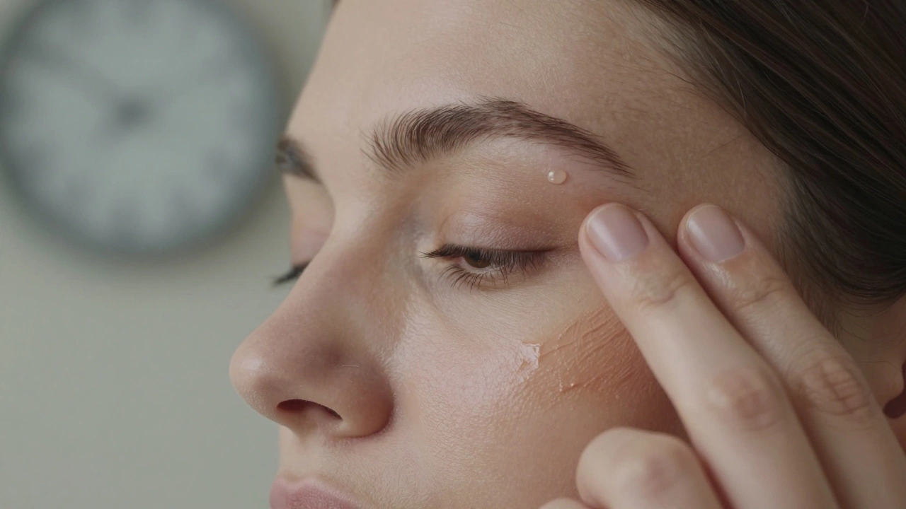 Hand gently patting illuminator under the eye, blending tinted moisturizer with fingertips.