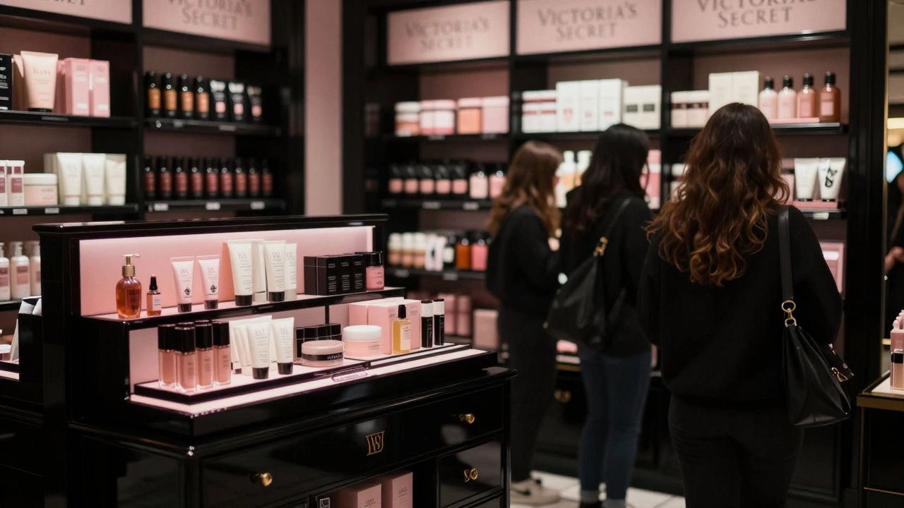 Luxury beauty counter where customers choose cruelty-free brands over Victoria’s Secret, evoking a quiet market shift.
