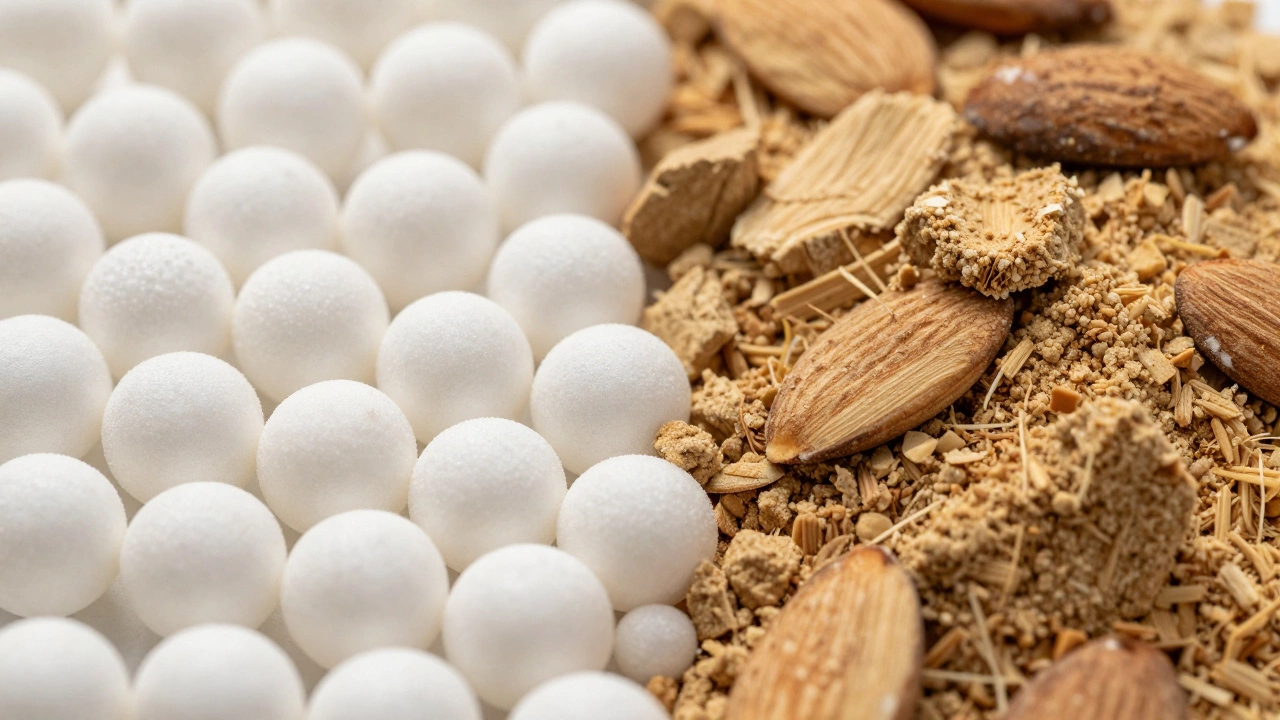 Macro shot comparing natural and synthetic cosmetic exfoliating particles.