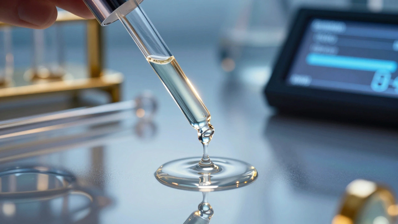 Macro shot of luxury serum dropper bottle reflecting scientific precision.