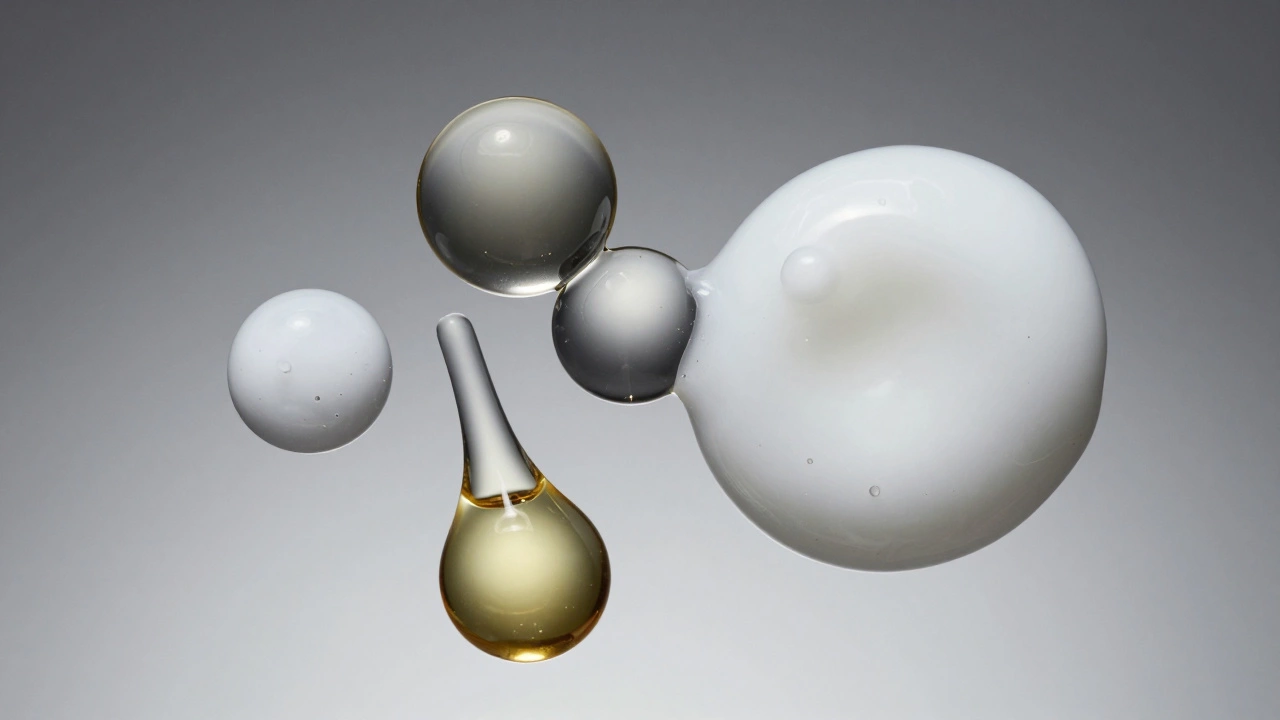 Macro view of cosmetic ingredients like oils and creams mixing together artistically.