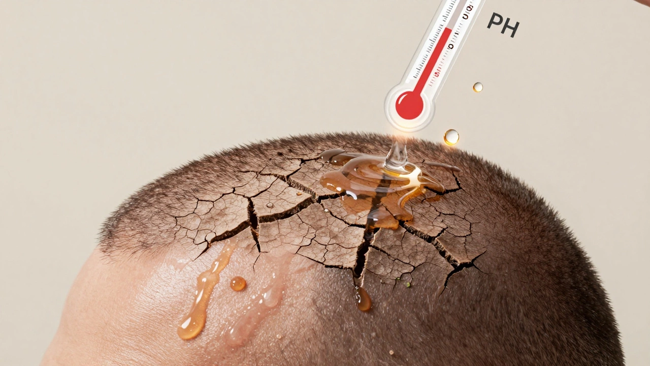 Scalp as a landscape with barriers blocking color, washed clean by salon shampoo, pH 5.2 glowing softly.