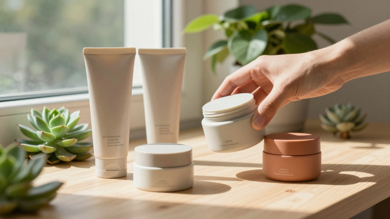 Sustainable refillable skincare containers on wooden table with plants.