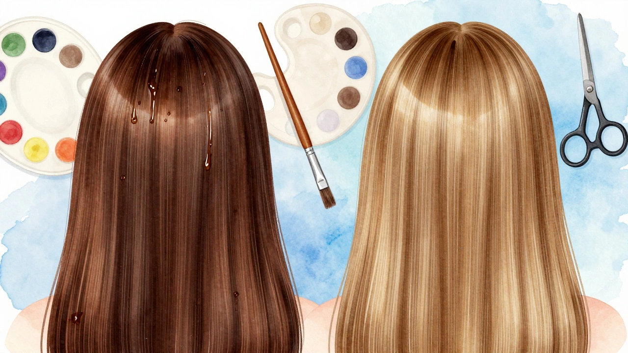 Two hair strands side by side — one dirty and uneven, the other clean and smooth — with tools of styling nearby.