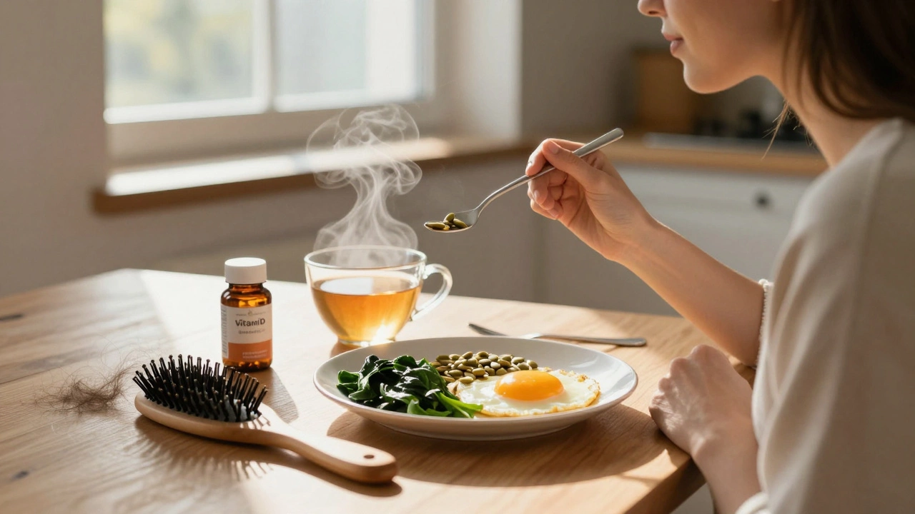 Woman eating a hair-healthy breakfast of eggs and spinach with vitamin D supplement nearby.
