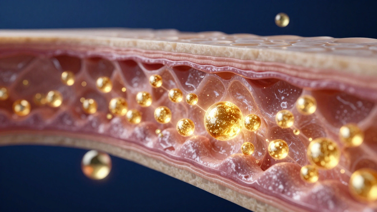 3D conceptual render of active skincare ingredients penetrating deep into skin layers