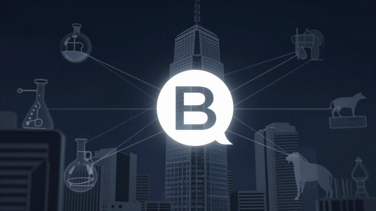 A conceptual illustration of a brand connected to a large corporate parent company