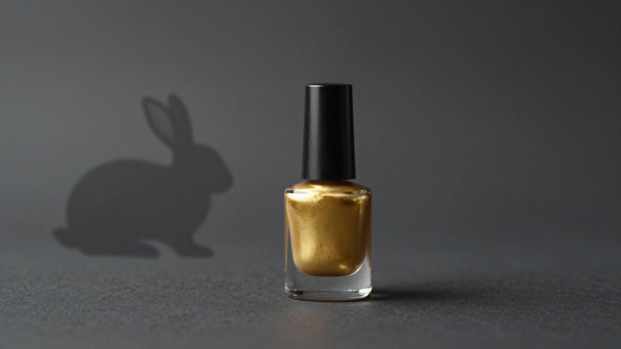 A conceptual image of a polish bottle between a golden luxury side and a grey silhouette of a rabbit.