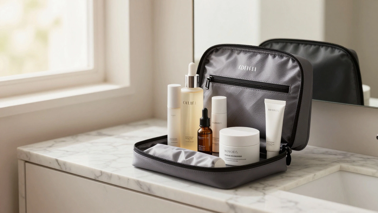 A curated set of premium skincare products in a beauty bag on a marble vanity.