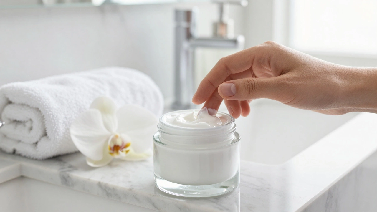 A person applying rich white cream from a luxury glass jar in a marble bathroom