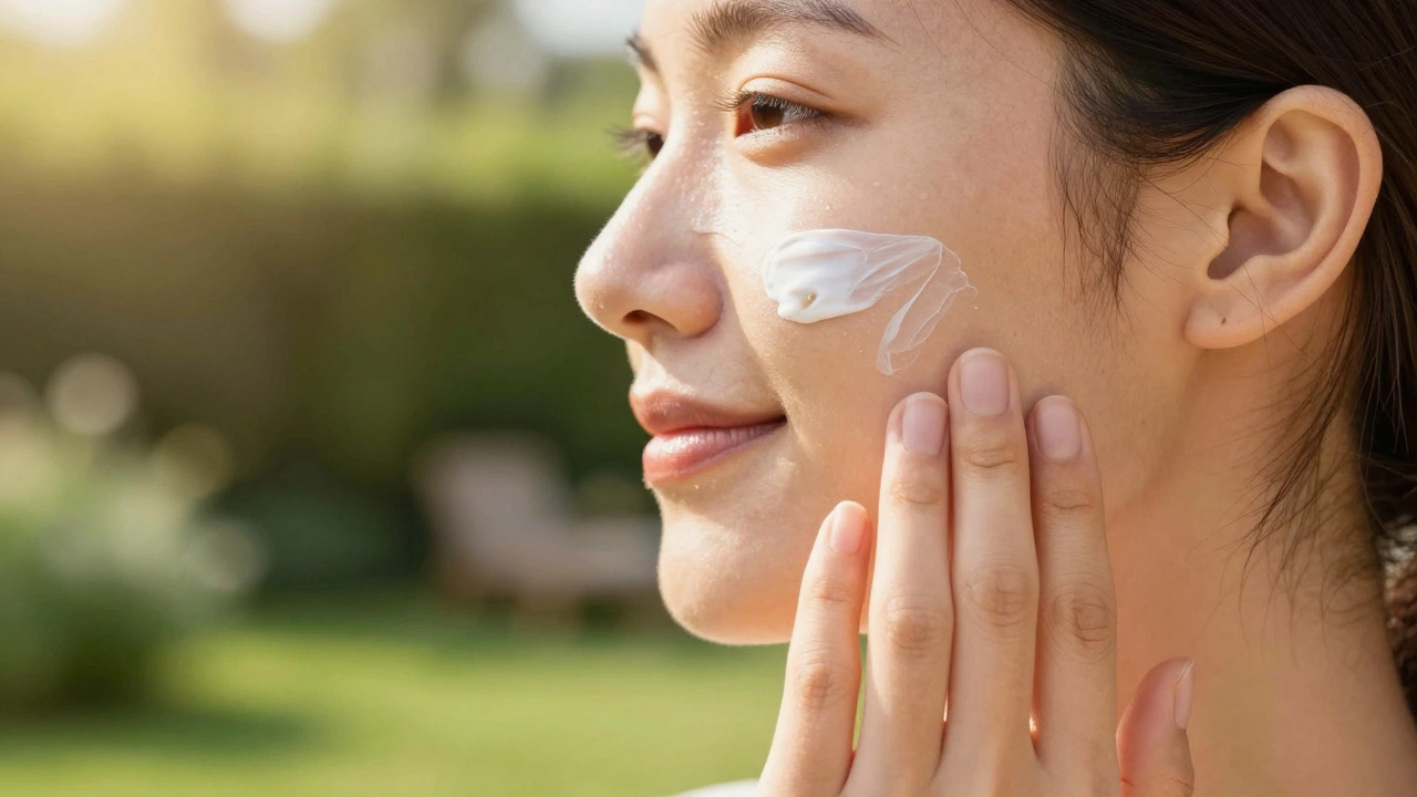 A person applying sunscreen to their face in a sunny, green outdoor setting