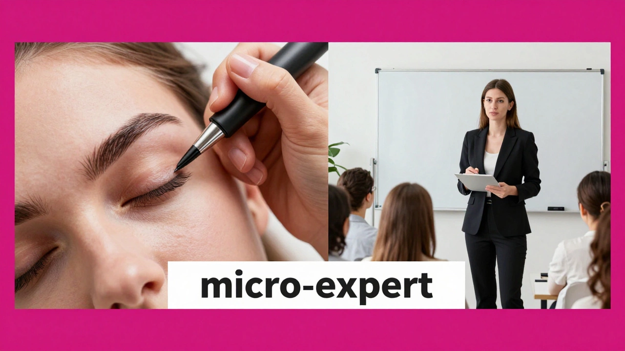 A professional permanent makeup artist performing microblading and teaching a beauty masterclass.