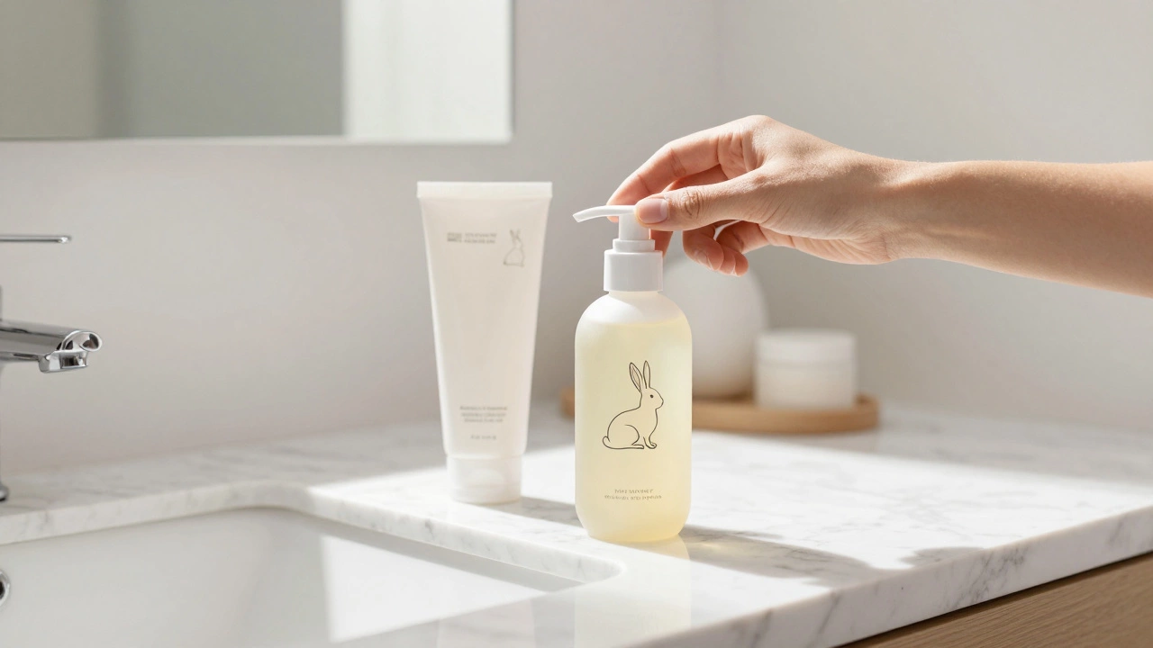 A skincare bottle with a cruelty-free bunny logo on a bathroom vanity