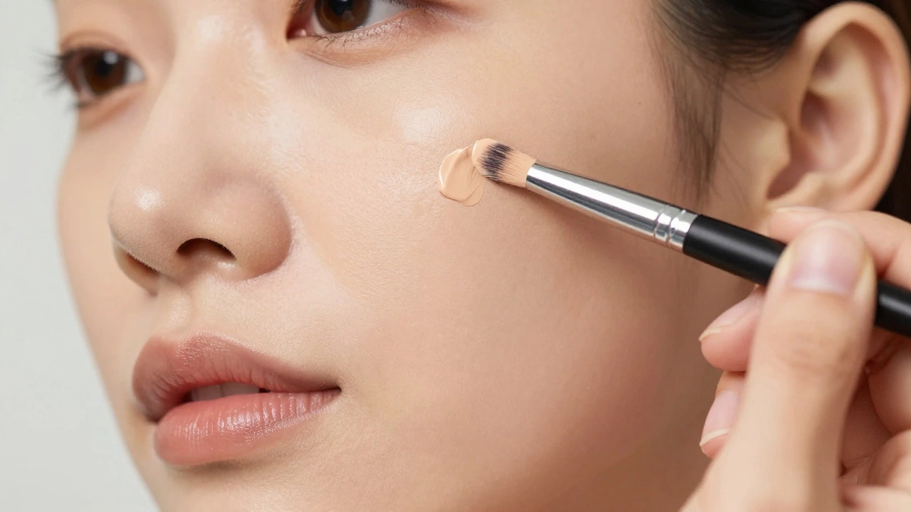 Close-up of a brush applying concealer to a small spot on a natural, bare face