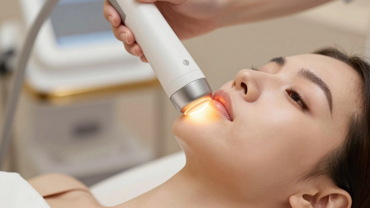 Close-up of a skin tightening treatment being applied to a jawline