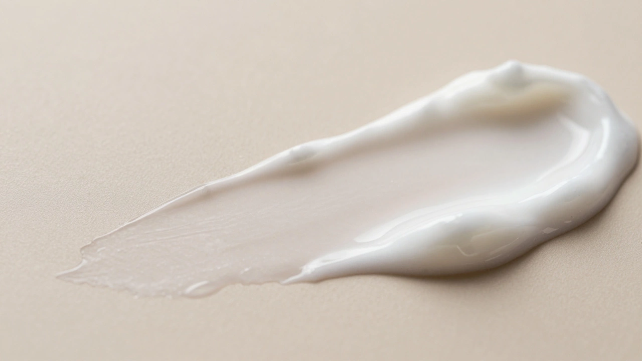 Close-up textures of a white cream cleanser and a clear gel moisturizer