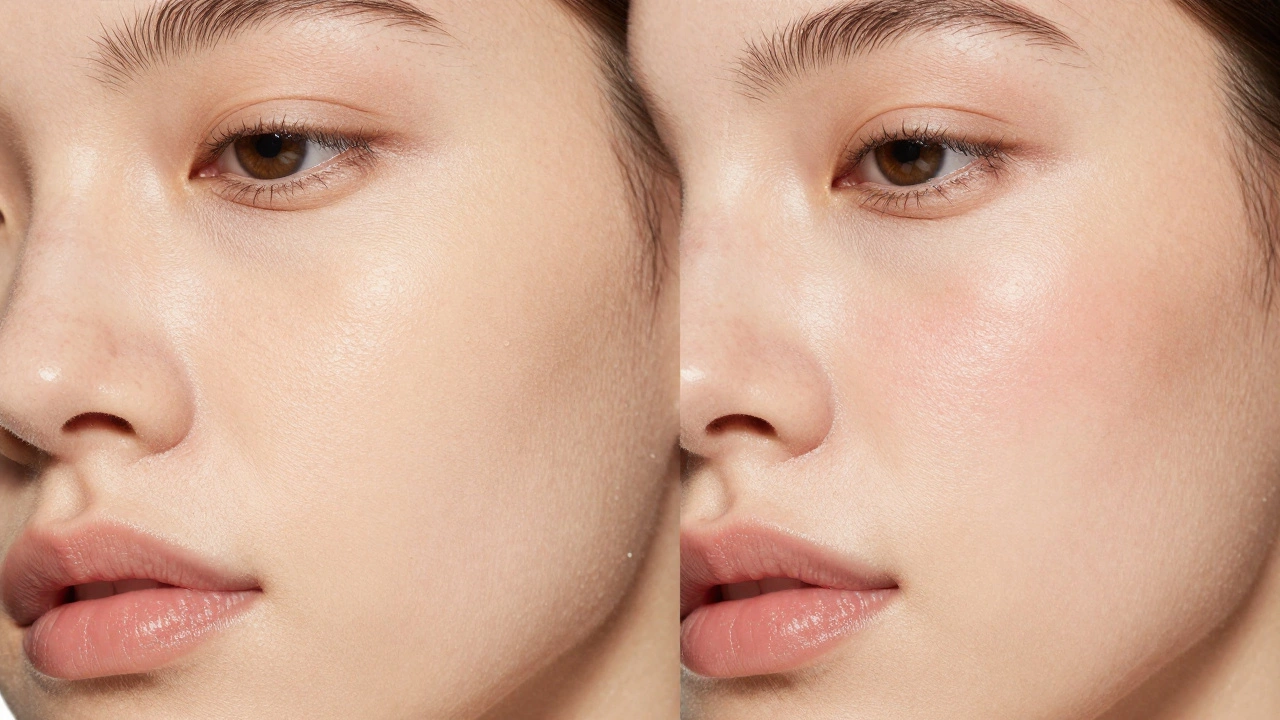 Comparison between heavy matte foundation and a glowing, natural CC cream finish
