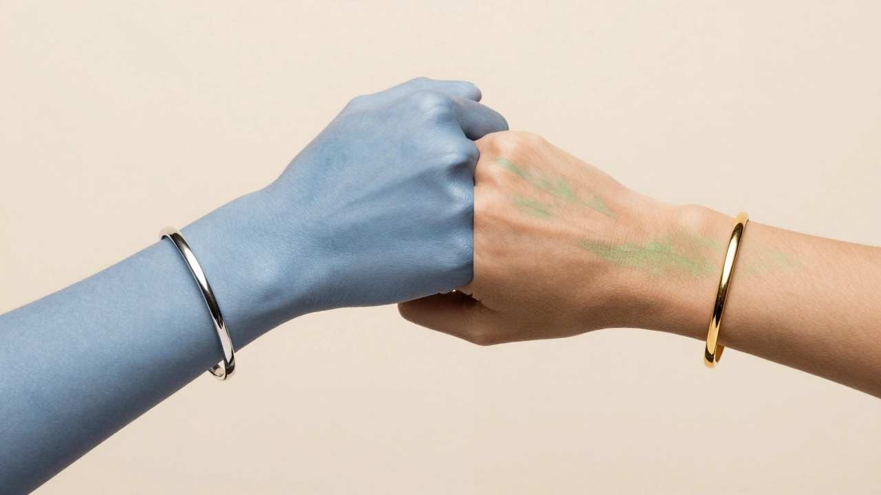 Comparison of cool and warm skin undertones showing silver and gold jewelry on wrists.