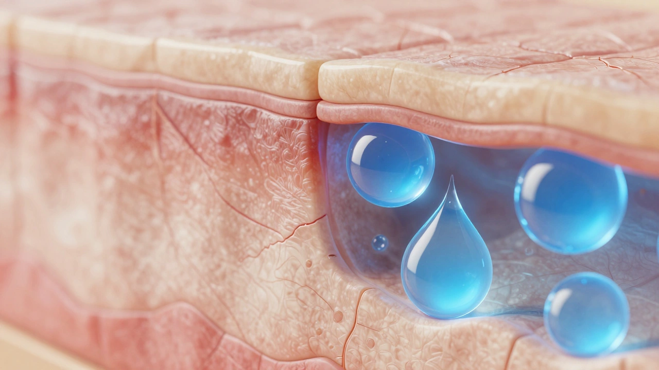 Conceptual 3D image of hyaluronic acid plumping skin cells with blue water droplets