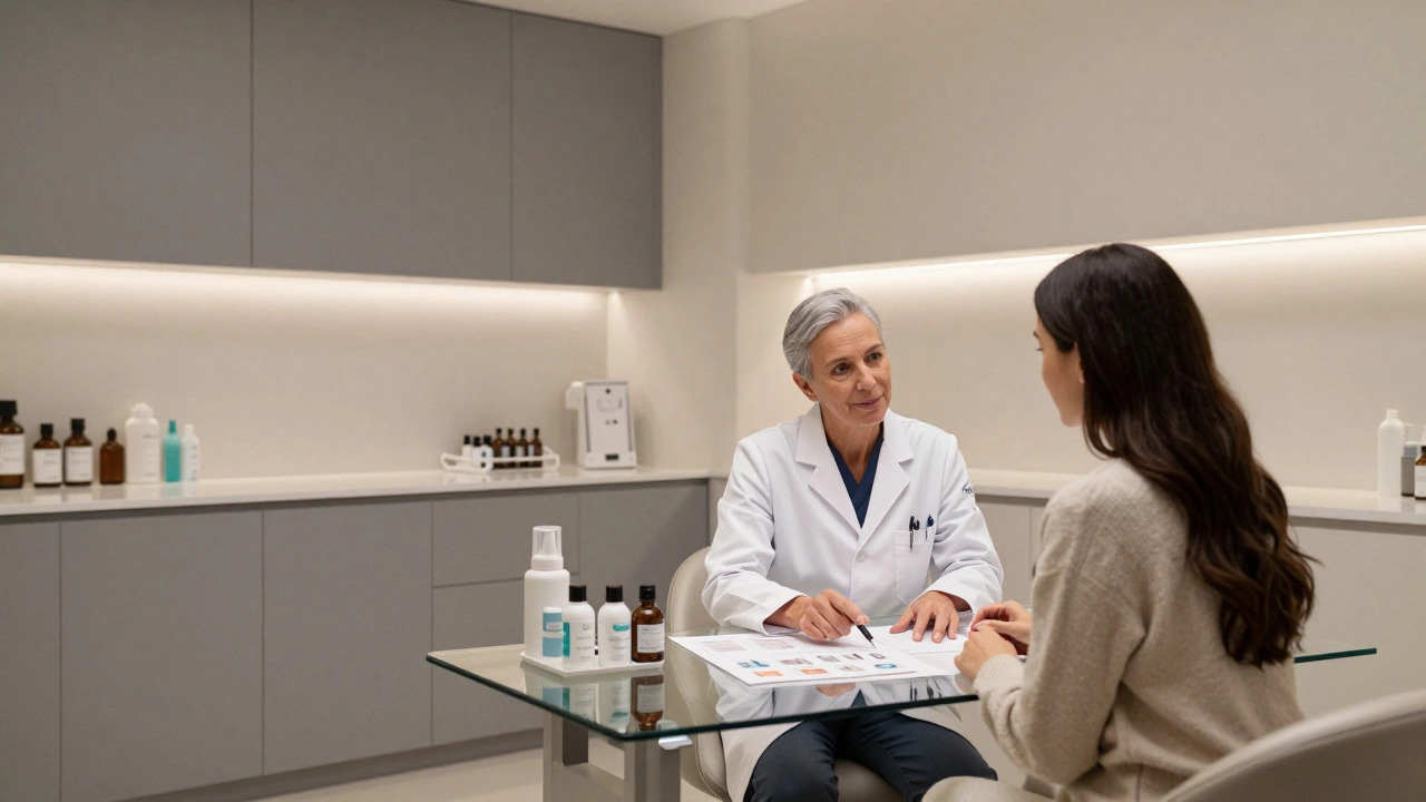 Dermatologist consulting with a client in a high-end, minimalist skin clinic