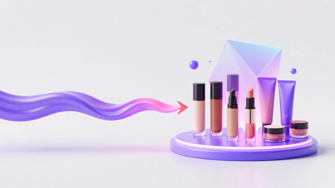 Digital illustration of beauty products being filtered through a holographic prism for personalization.
