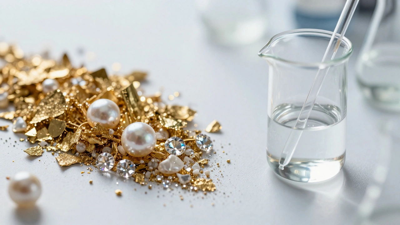 Gold flakes and pearls contrasted with a scientific beaker of clear skincare serum
