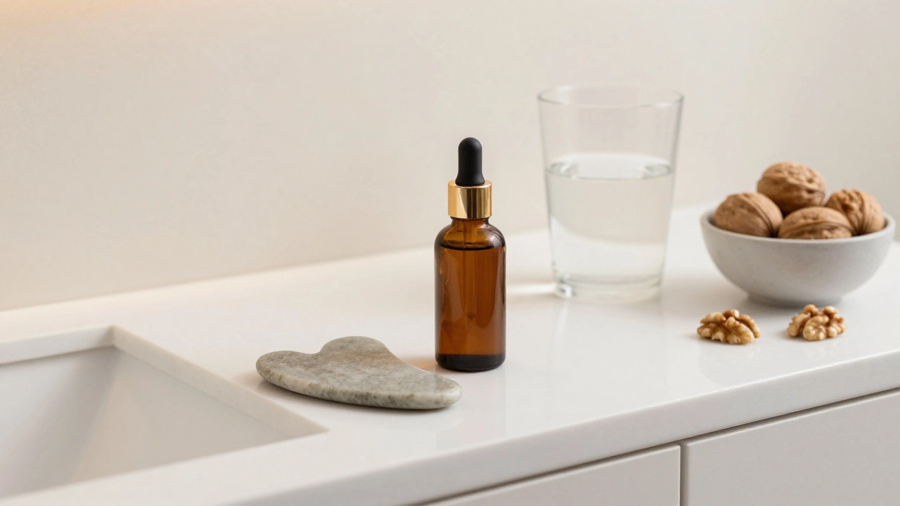 Gua Sha stone and skincare products on a marble vanity for a wellness routine
