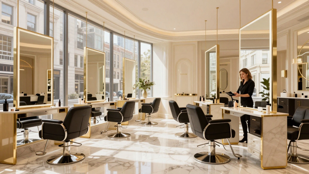 Interior of a luxury high-end urban beauty salon with marble floors and gold accents.